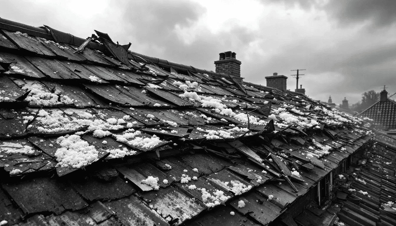 An illustration depicting the effects of hail damage on different roofing materials.