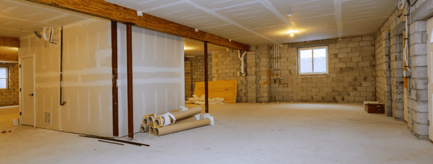 An illustration of interior waterproofing measures for a basement.