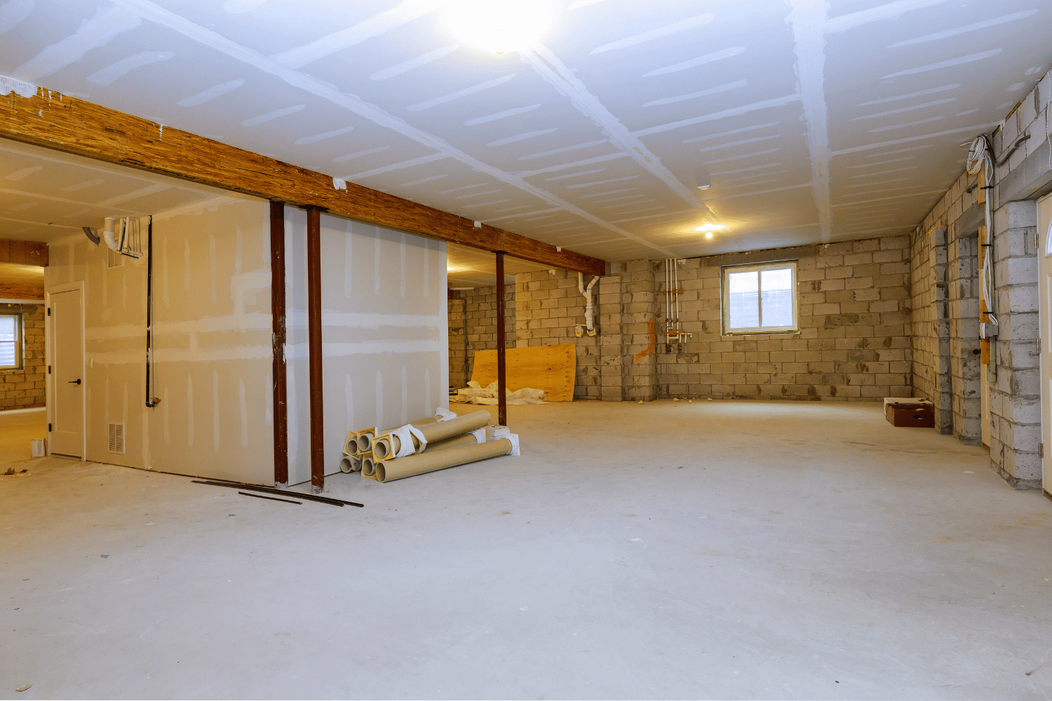 An illustration of interior waterproofing measures for a basement. 