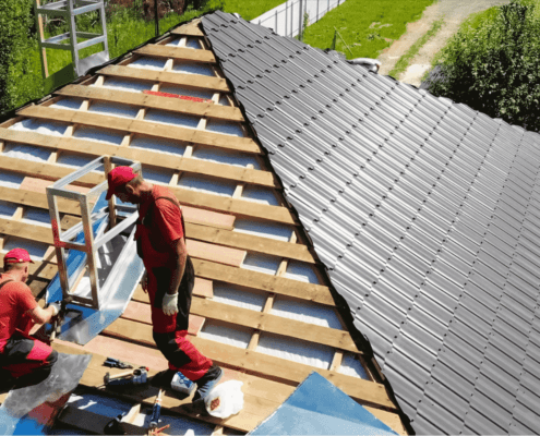 An image highlighting the key differences between standing seam and corrugated metal roofs