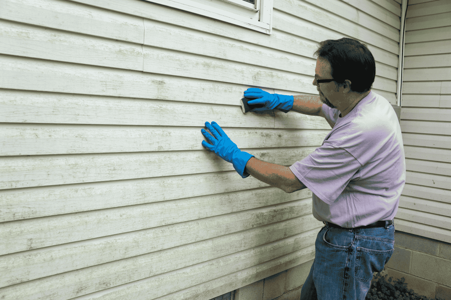 Cleaning the repair area of vinyl siding before repairs.