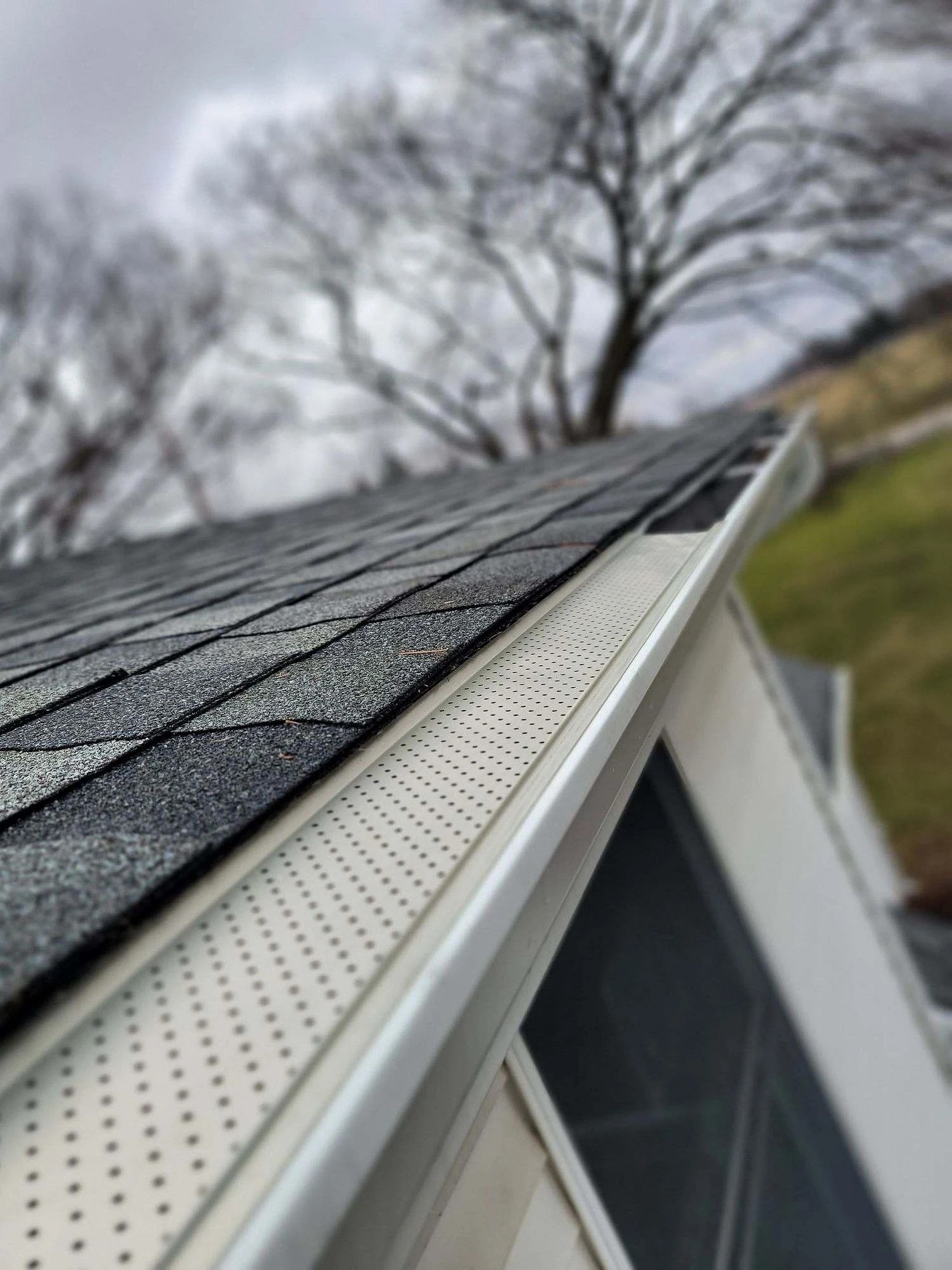 Notre Dame, IN 3 A close-up shot highlights a newly installed white gutter system with a perforated leaf guard running along the edge of a shingled roof, showcasing the benefits of professional gutter services.