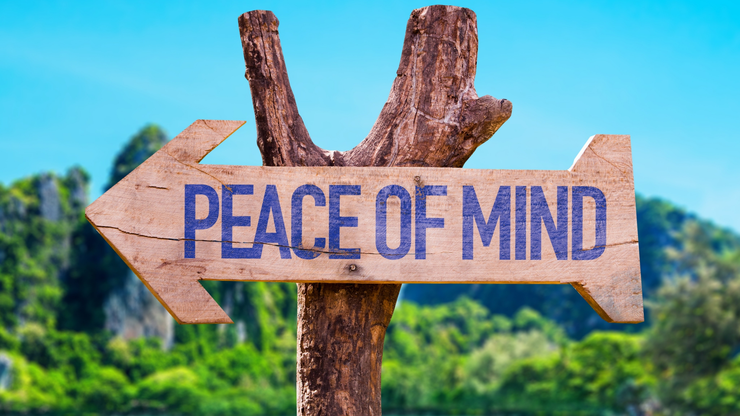 Wooden arrow sign displaying "Peace of Mind" against a calm natural landscape.