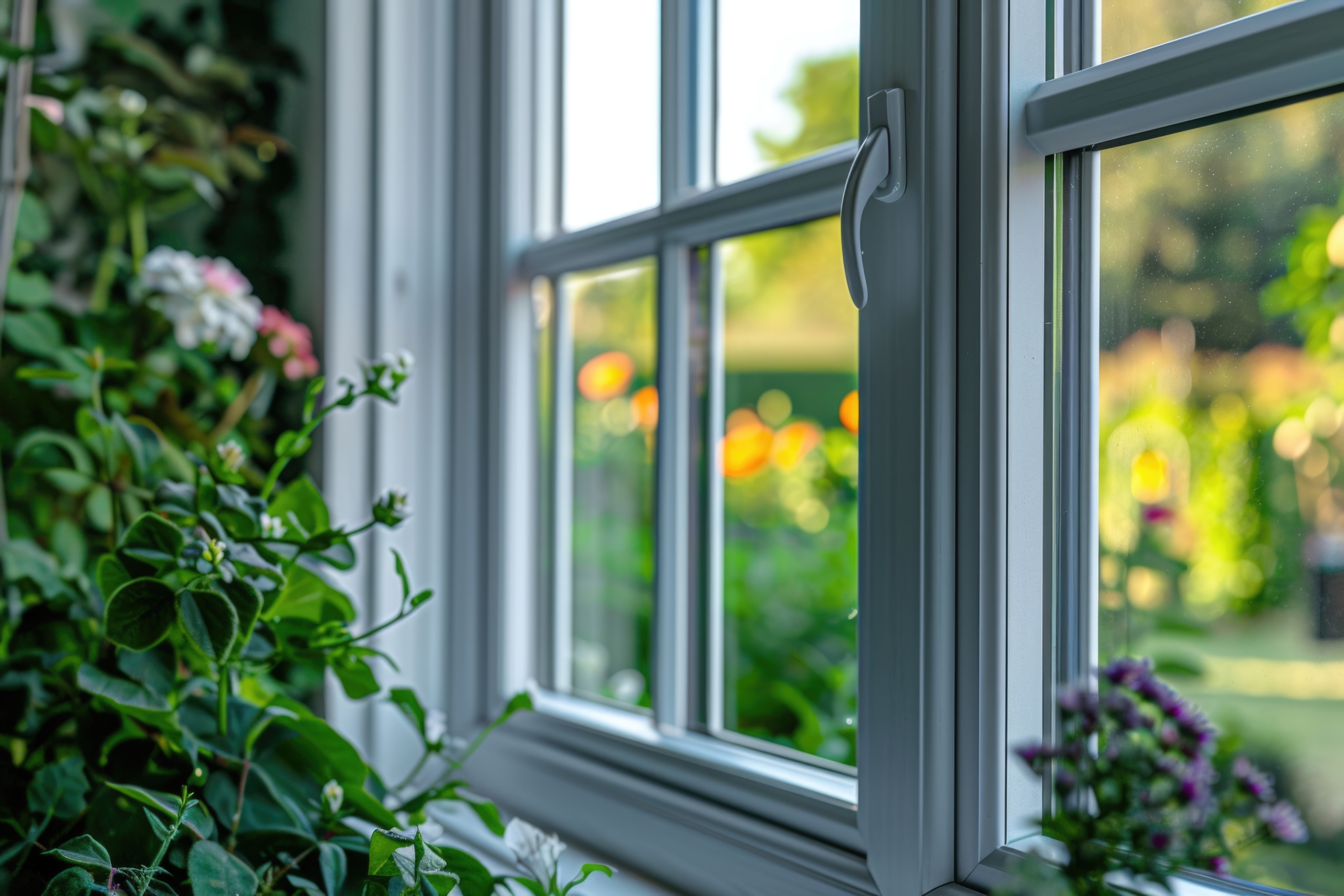 Grand Beach, MI 4 A close-up view highlights a pristine window frame with garden views, demonstrating how quality replacement windows complement complete home exterior and roofing services.