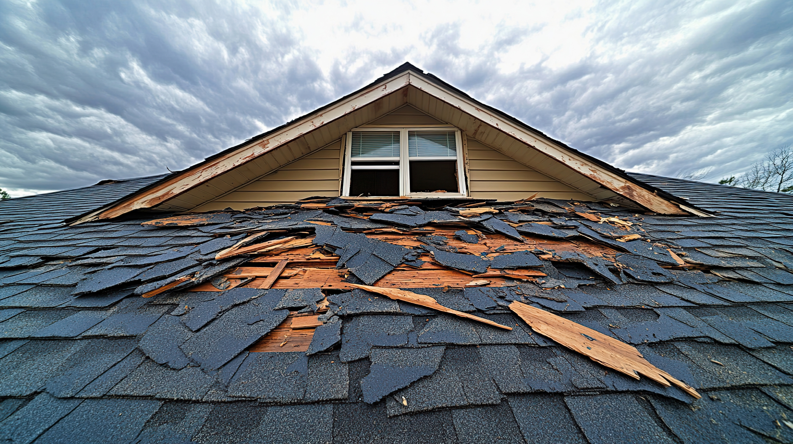 Residential Roof Repair In Goshen, IN: Signs You Never Want To Miss 2 Severe storm damage to shingles below a window highlights the urgent need for residential roof repair.